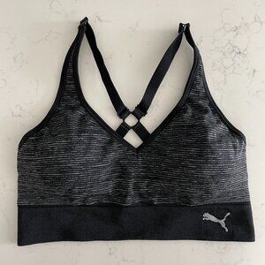 Puma Activewear V Neck X Racerback Nylon Blend Shelf Bra Adj. Straps Blk Grey M